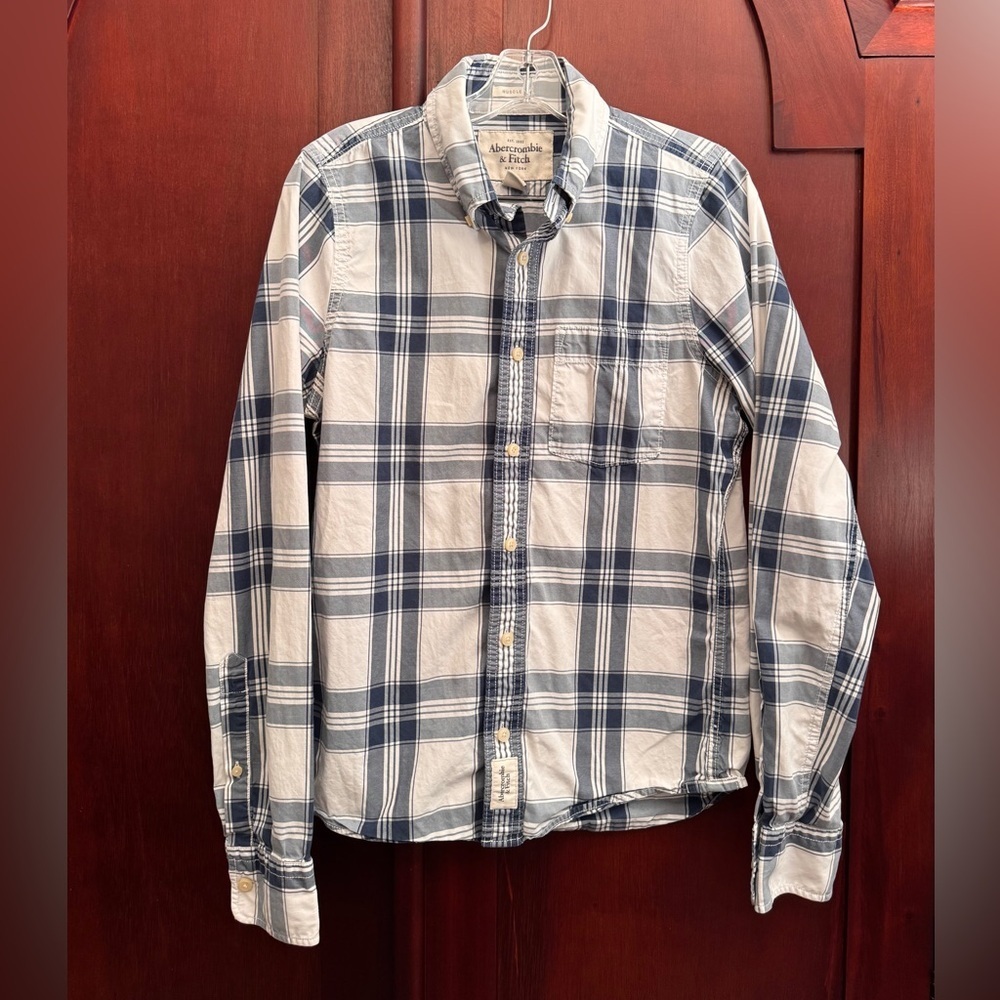 Abercrombie Fitch Shirt Button Up Blue Plaid Muscle Outdoor Size S 100% Cotton